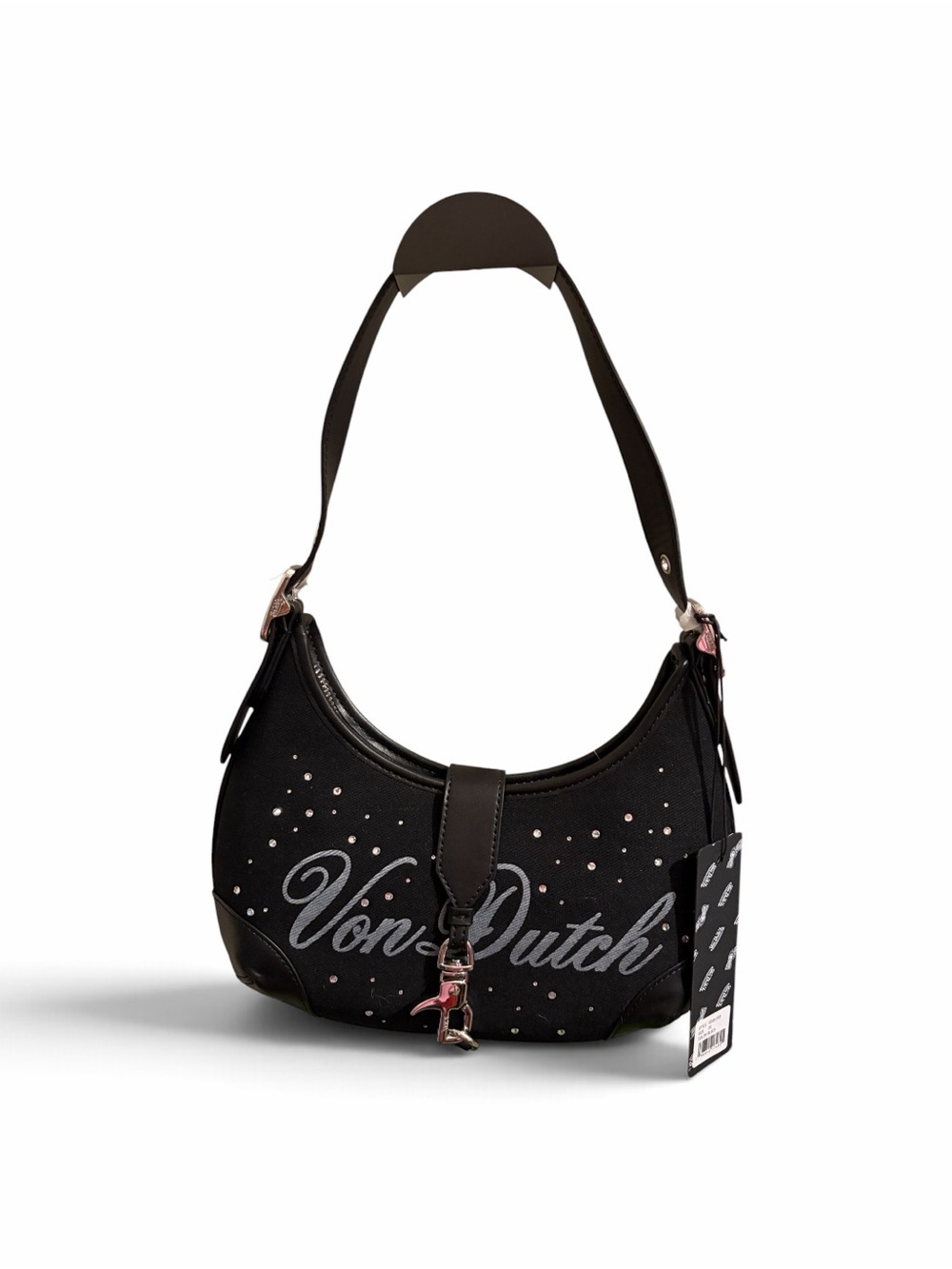 Von Dutch Black Denim Studded Hobo Shoulder Bag